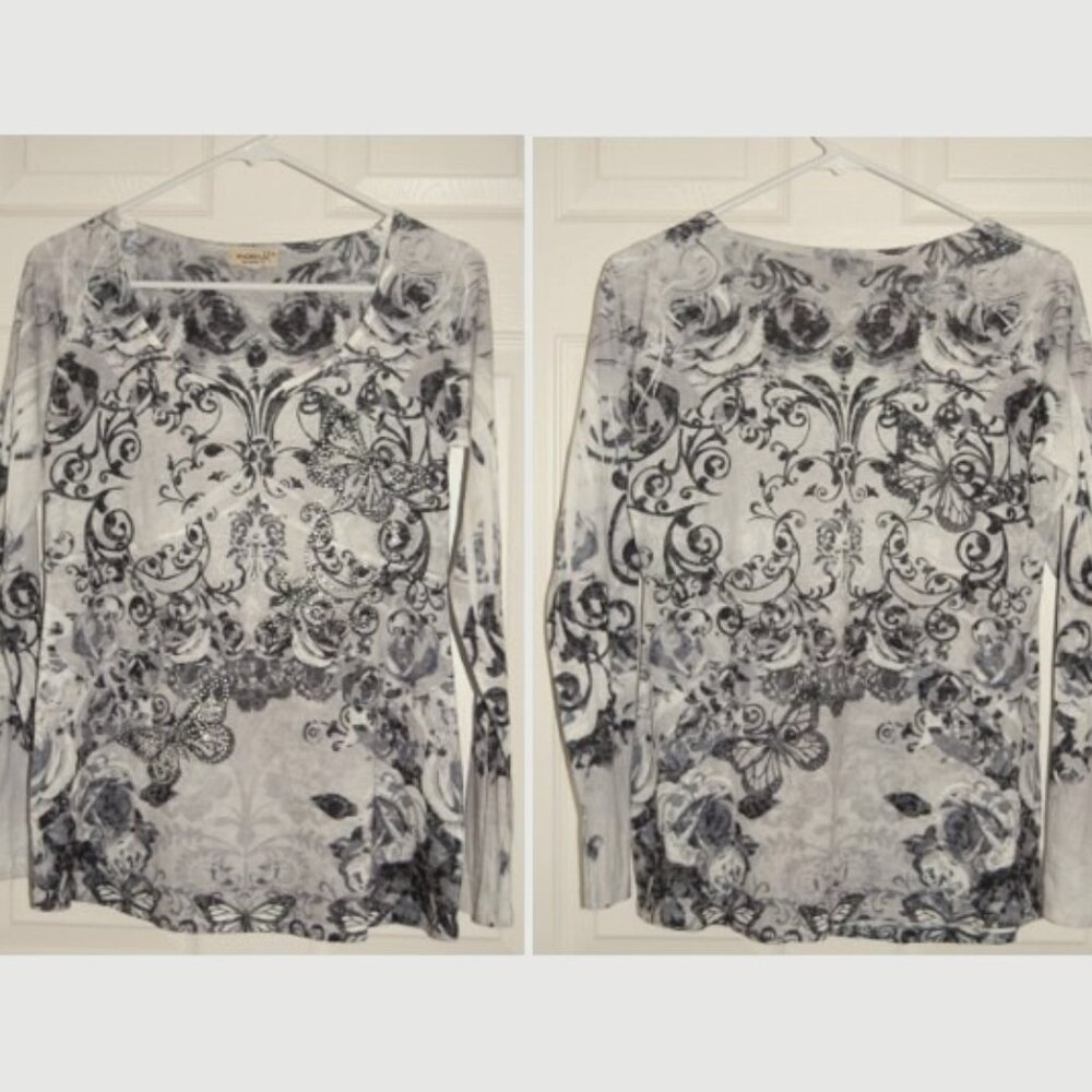 NWOT One World Women M Butterfly Studded Blouse, Long Sleeve - Picture 4 of 8